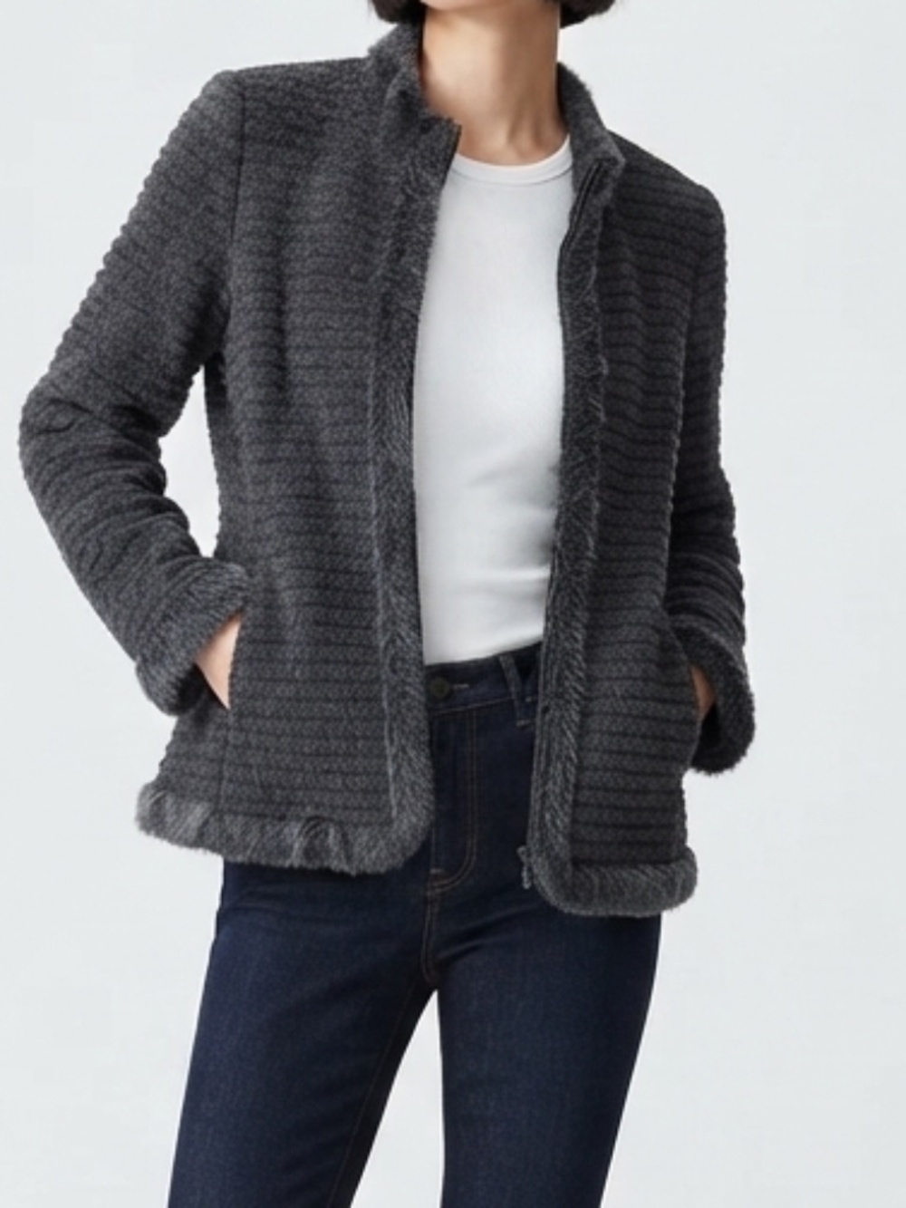 DiKa Gray Wool Blend Zip Up Jacket Fuzzy Trim Coat Medium 40